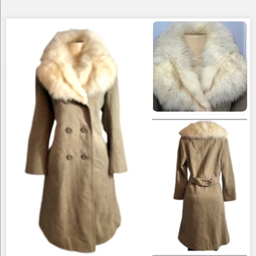 VINTAGE WOOL & FUR TRIM TAN AND CREAM COAT